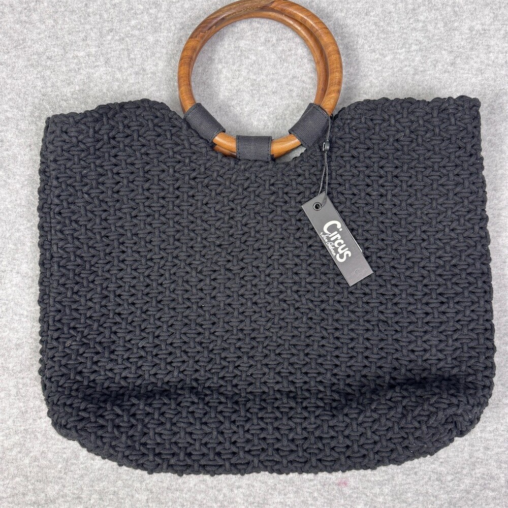 Circus by Sam Edelman Cotton Tote Bag Womens Black Crochet Knit Wooden Handles